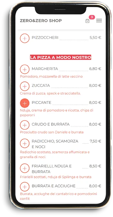 Un menu CIBAME su smartphone: piatti con descrizione, prezzo e tasto per aggiungerli all'ordine